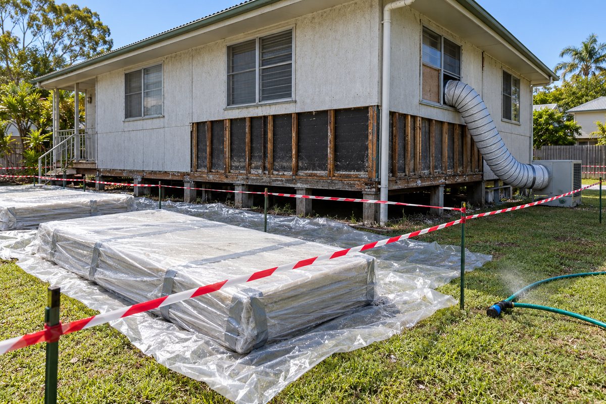 A 1960s fibro house in Bundaberg during licensed asbestos removal, with the lower wall sheets wet down and stacked flat on plastic, red and white warning tape around the work zone and a negative-air duct running from a window.