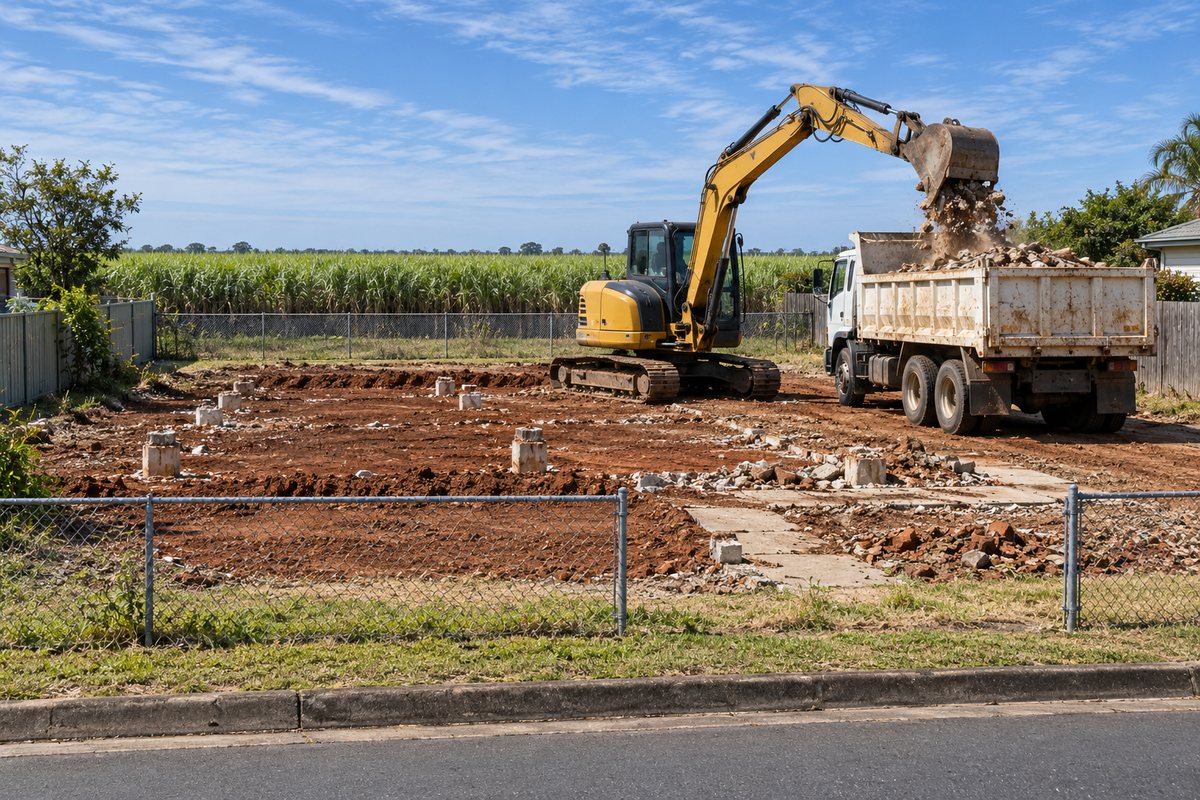 A compact excavator loads demolition rubble into a tipper on a cleared block of red volcanic soil, with the cut-off concrete stump footings of the old house still visible in the ground.