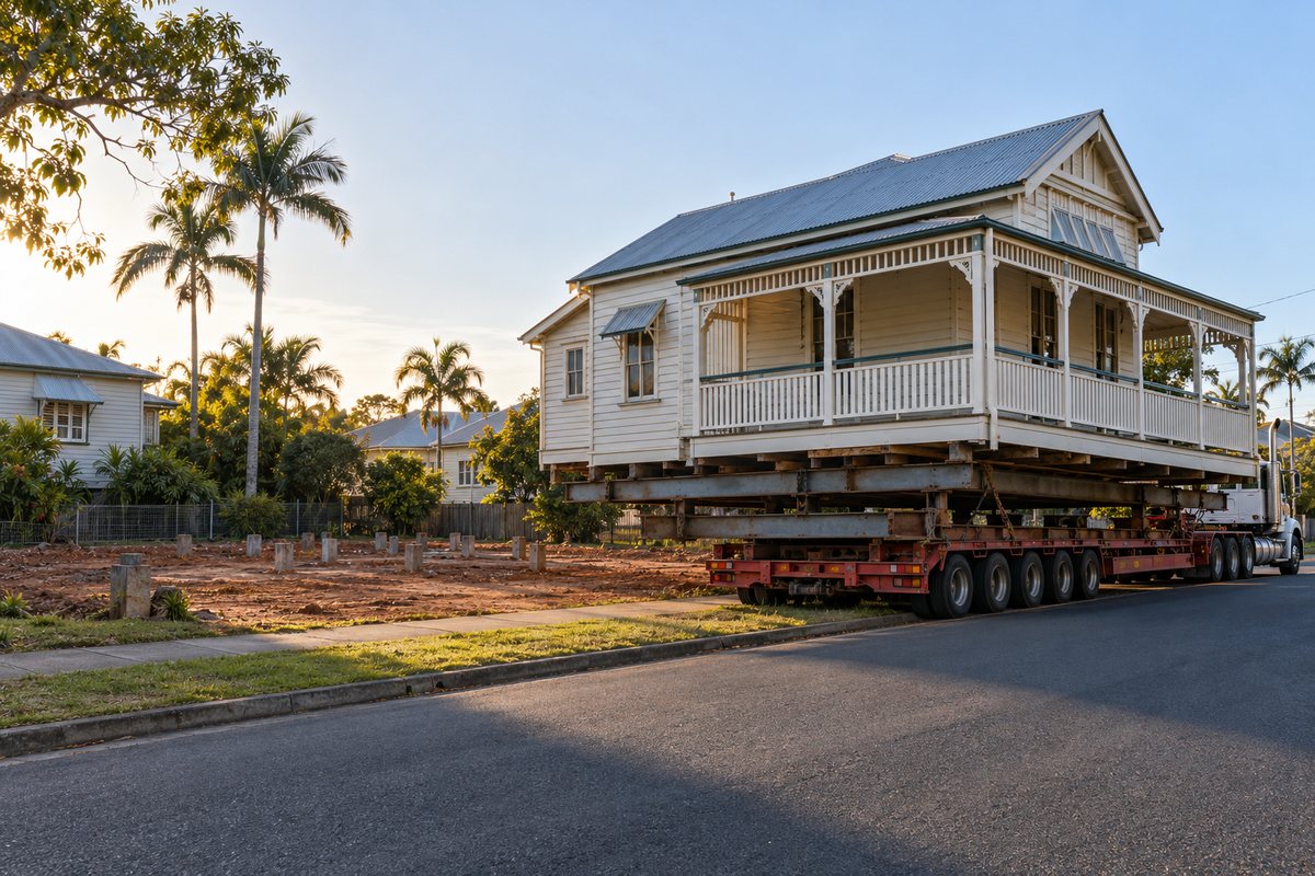 A high-set timber Queenslander loaded on a low-loader trailer in a suburban Bundaberg street at the start of its move, with the row of bare stumps it was lifted from still standing on the cleared block behind it.