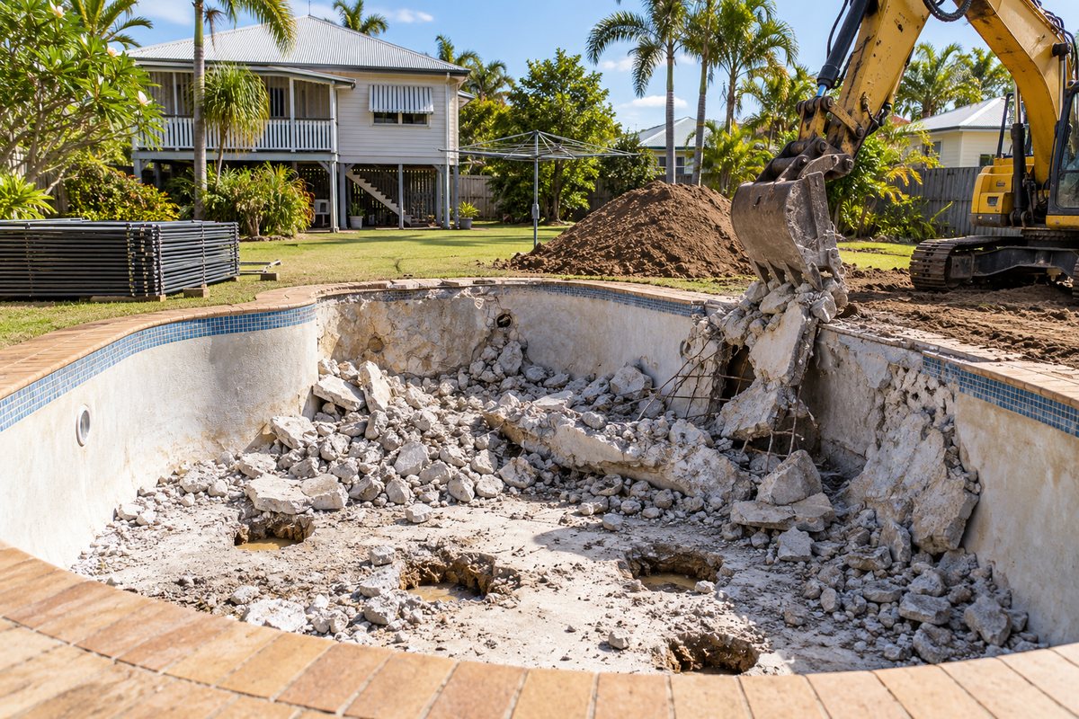 A drained backyard concrete swimming pool with its floor and one wall broken through by an excavator, the pool fence already removed and a pile of fill waiting beside it ready to go in.